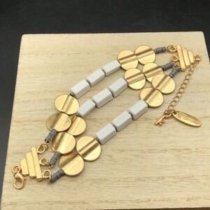 Plunder Bracelet 8" Breezy 3 Strands White Gray Bead Gold Tone Metal Disk Bangle